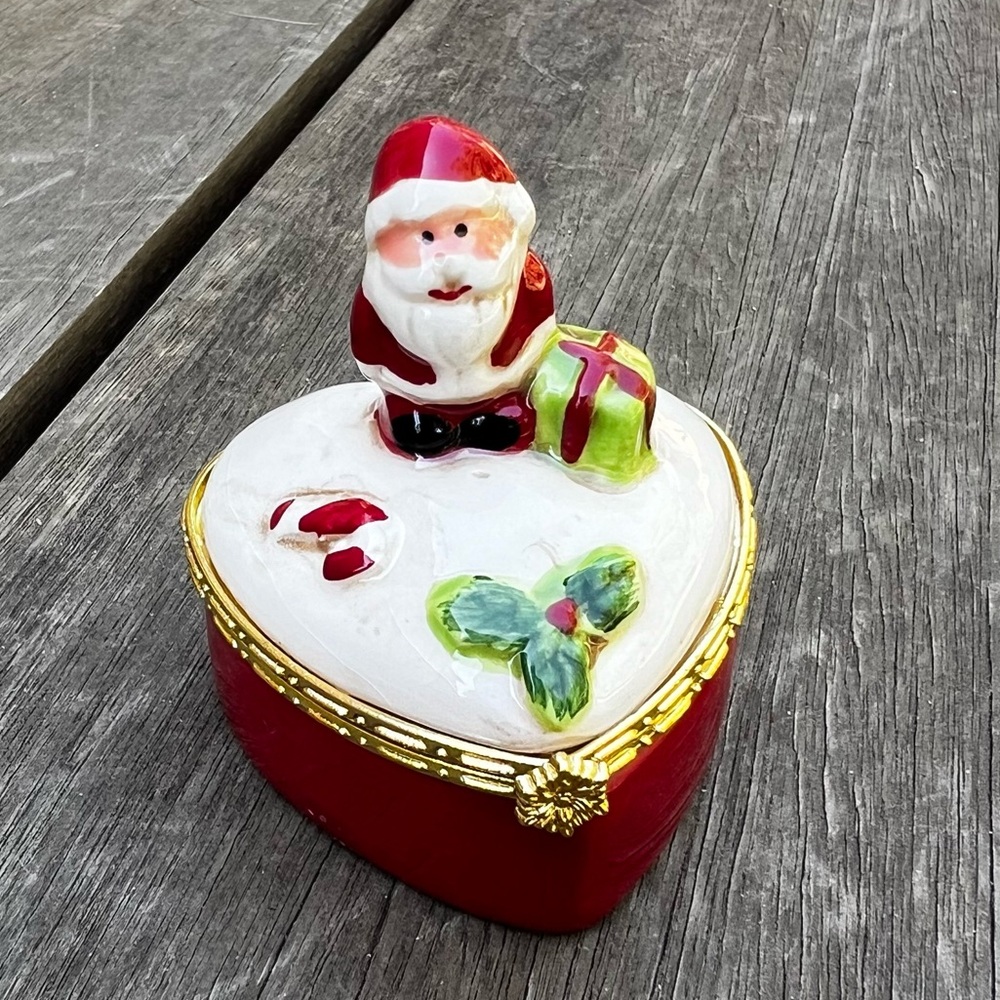 Porcelain Santa Christmas Heart Shaped Trinket Box